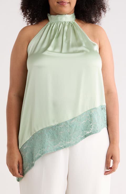 Sleeveless Lace Trim Satin Asymmetric Top (Plus)