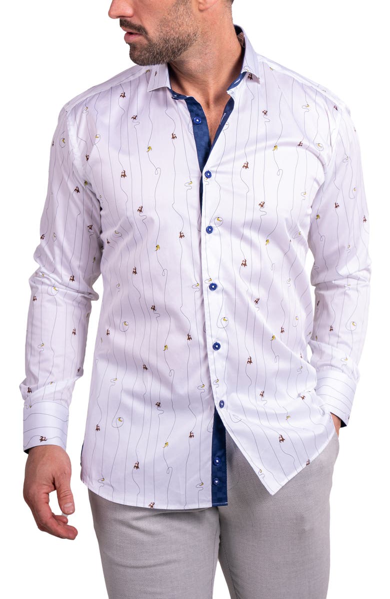 Maceoo Einstein Ascension 0211 Monkey Print Contemporary Fit Button-Up Shirt, Alternate, color, White