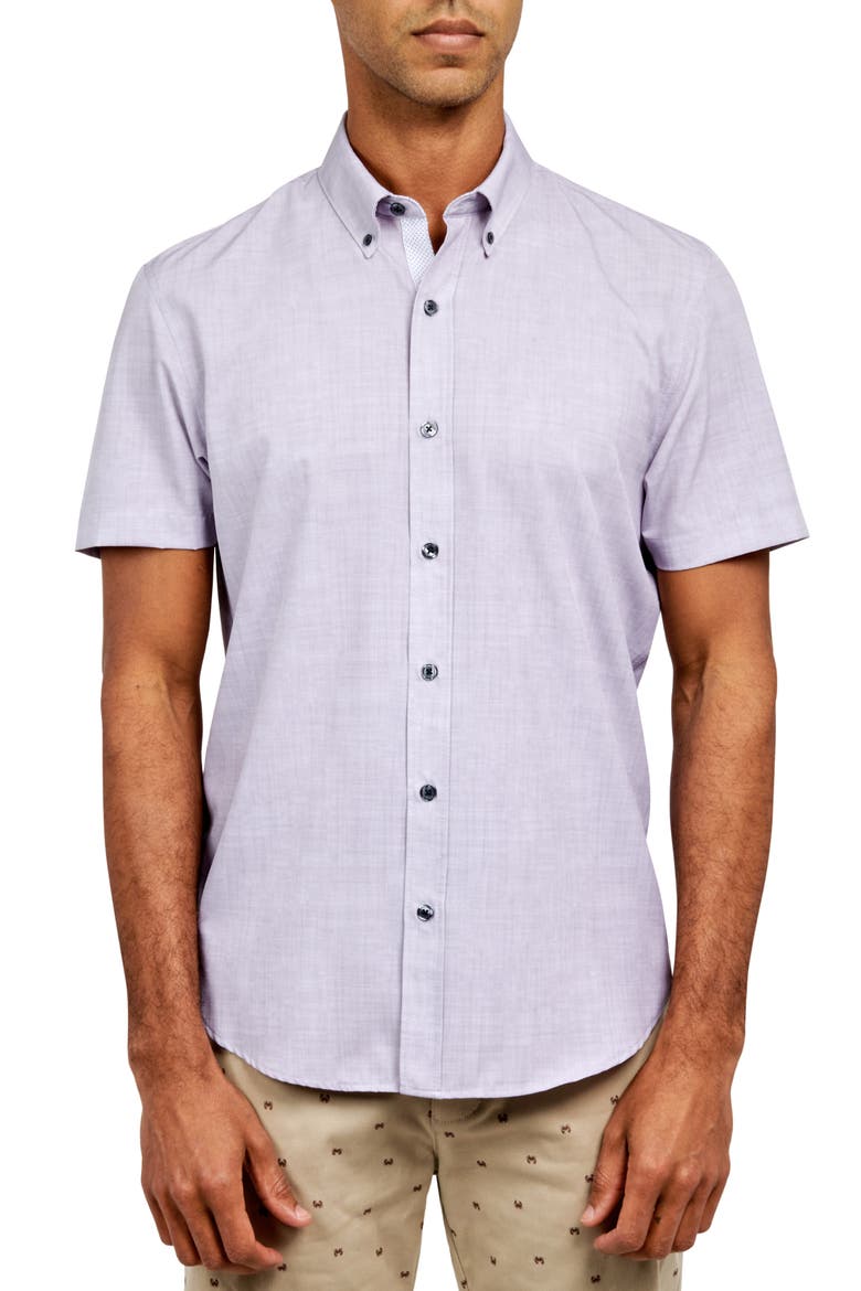 Slim Fit Four-Way Stretch Performance Chambray Short Sleeve Button-Down Shirt, Main, color, GREY CHAMBRAY