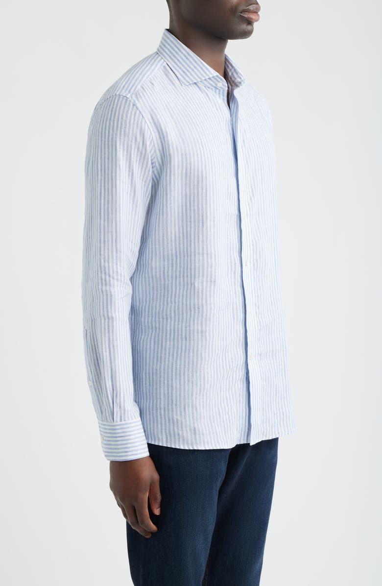 Peter Millar Crown Crafted Astino Lino Stripe Linen Button-Up Shirt, Alternate, color, Blue Frost