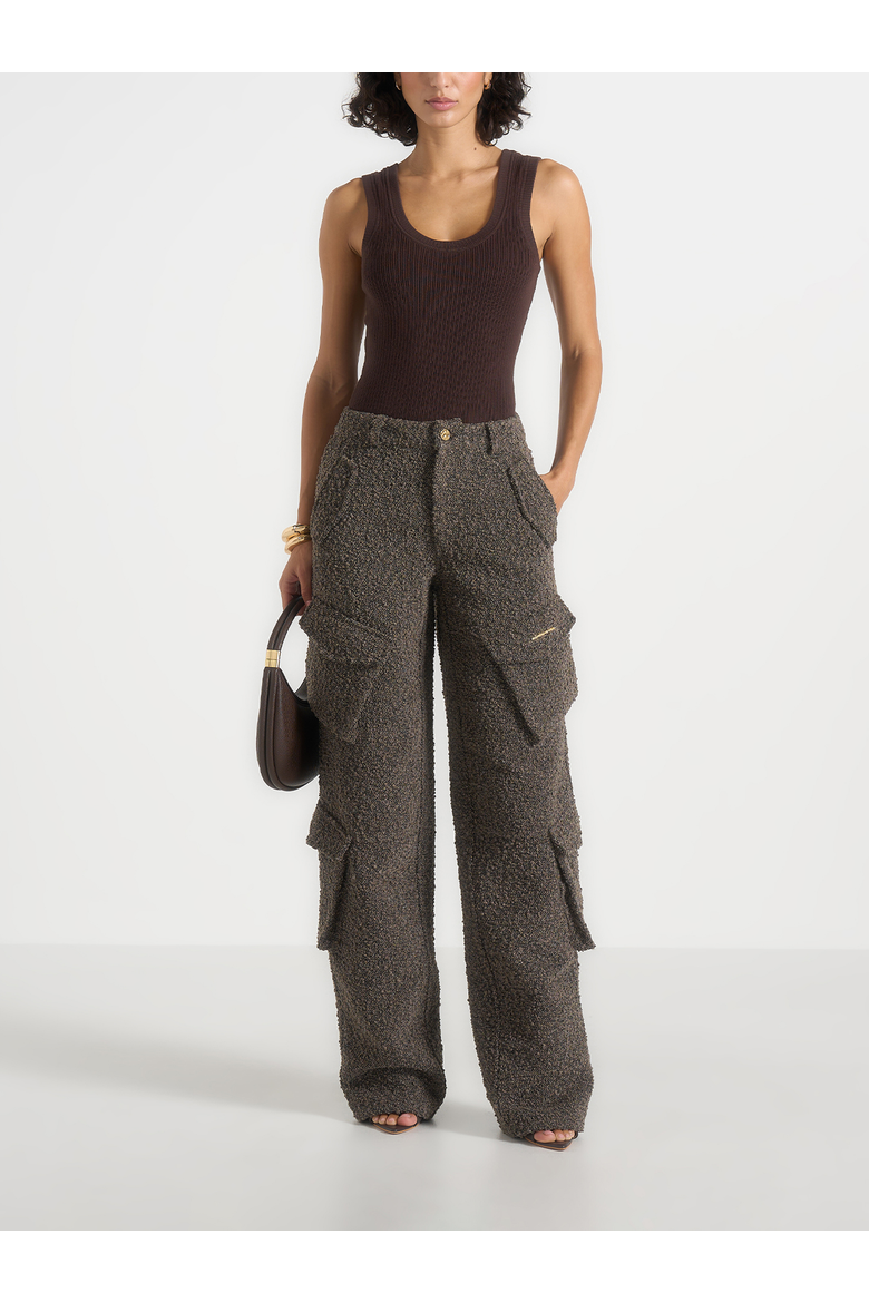 Anne Textured Boucle Wide Leg Cargo Trousers, Main, color, Brown
