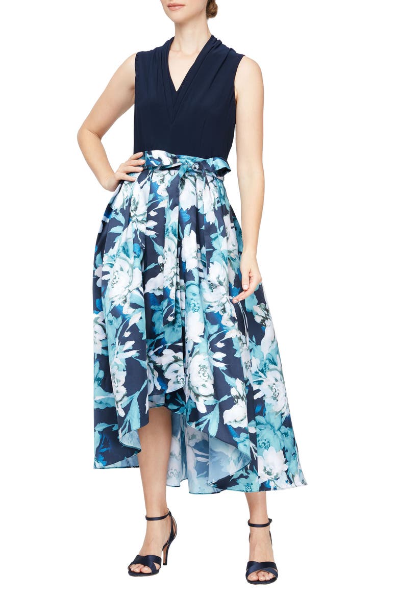 Floral High-Low Cocktail Dress, Main, color, NAVY MULTI