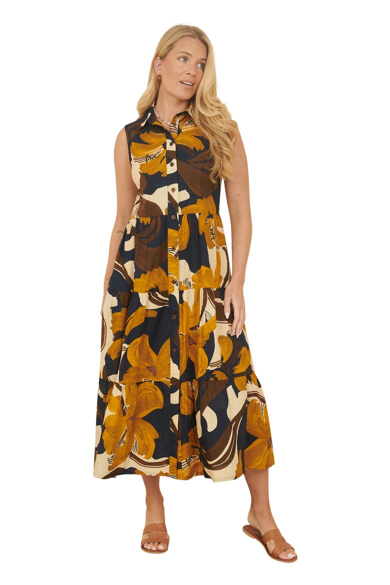 Cotton Leaf Midi Sleeveless Shirt Dress, Alternate, color, Navy