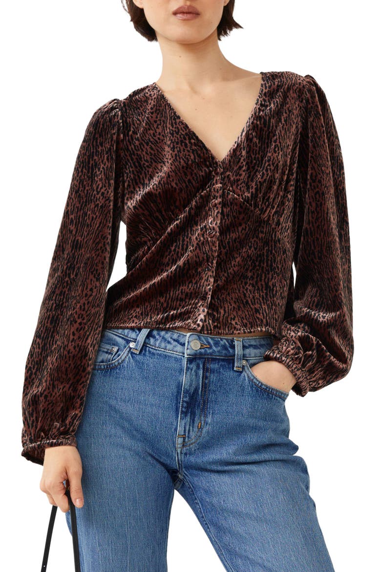 Puff Shoulder Velvet Button-Up Top, Main, color, BROWN/ BLACK PAZ AOP