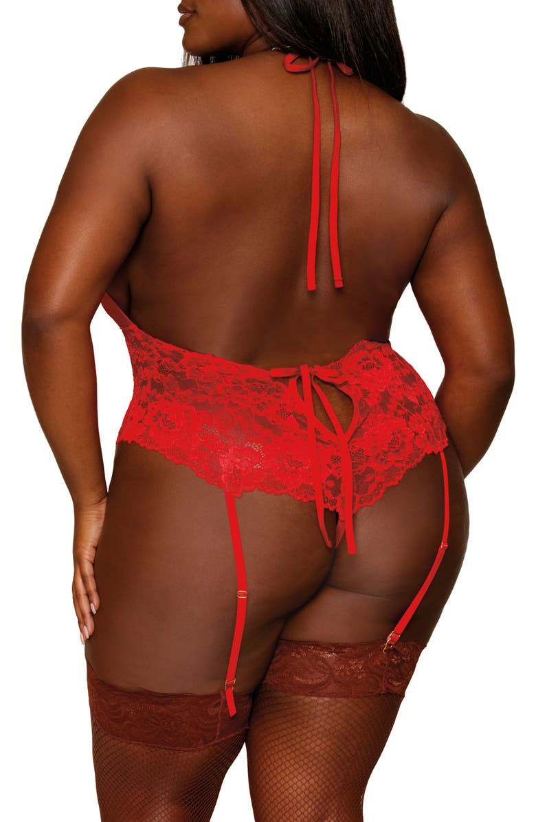 Dreamgirl Lace Teddy with Heart Chain Garter Straps, Alternate, color,