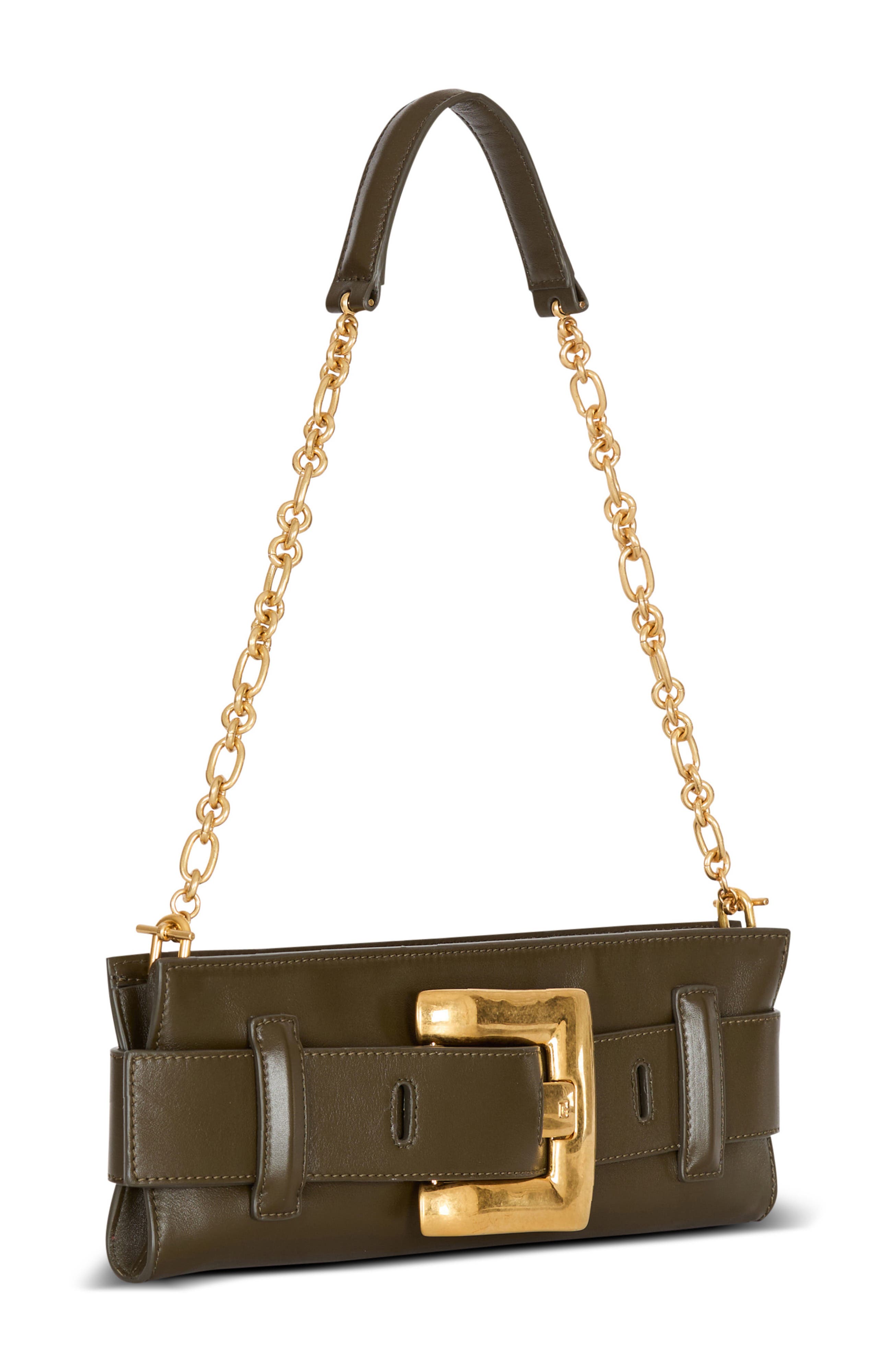 Balmain Anthem calfskin leather clutch, Alternate, color, Khaki