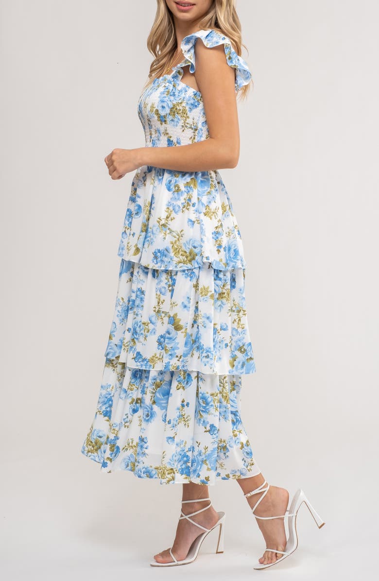 AUGUST SKY Floral Tiered Midi Dress, Alternate, color, Blue Multi