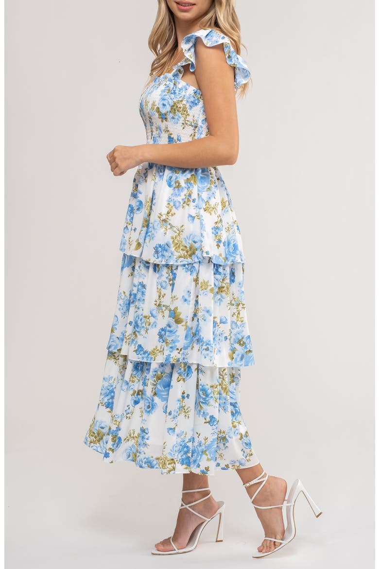 august sky floral tiered midi dress Mixed Print Smocked Tiered Midi Dress