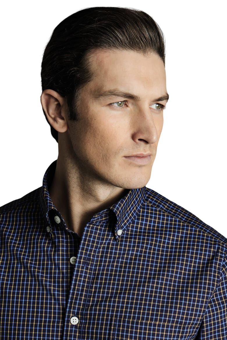 Slim Fit Button-Down Collar Non-Iron Stretch Poplin Check Shirt, Alternate, color, Gold