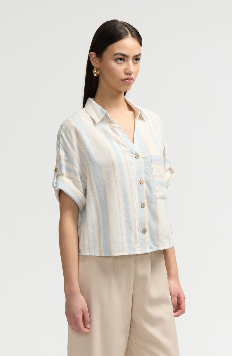 NVLT Short Sleeve Crop Button-Up Shirt, Alternate, color, Blue Natural Stripe