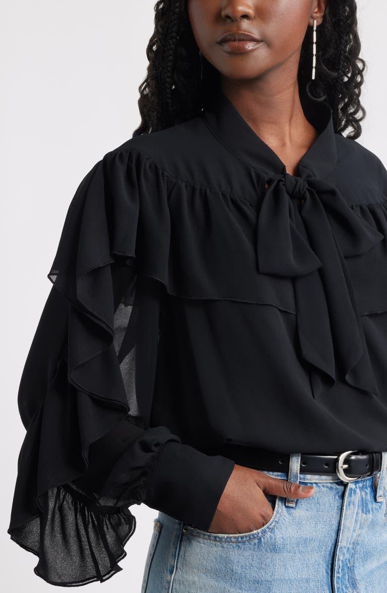 Treasure & Bond Tie Neck Ruffle Chiffon Top, Alternate, color, Black