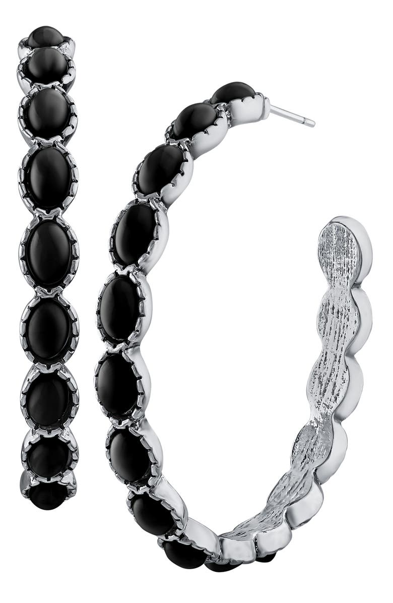 JARDIN Oval Resin Stone Hoop Earrings, Main, color, Black/ Silver