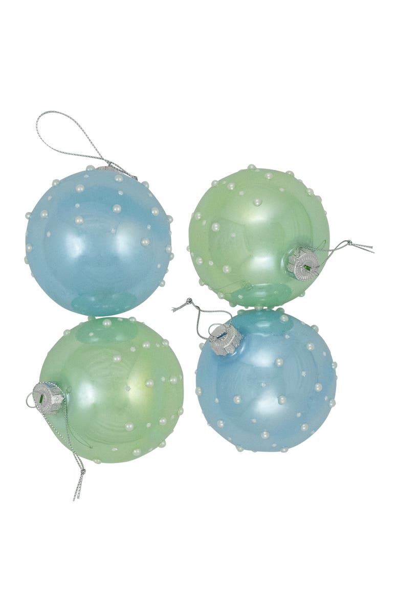 Northlight Shiny Glass Ball Christmas Ornaments with Pearl Drops - 3" (80mm) - Blue and Green - 4ct, Alternate, color, Blue