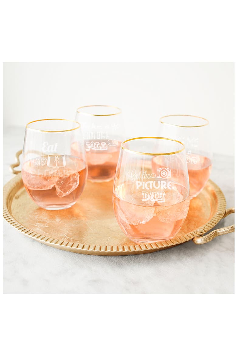 90's Sayings Set of 4 Etched Stemless Wine Glasses, Alternate, color, GOLD