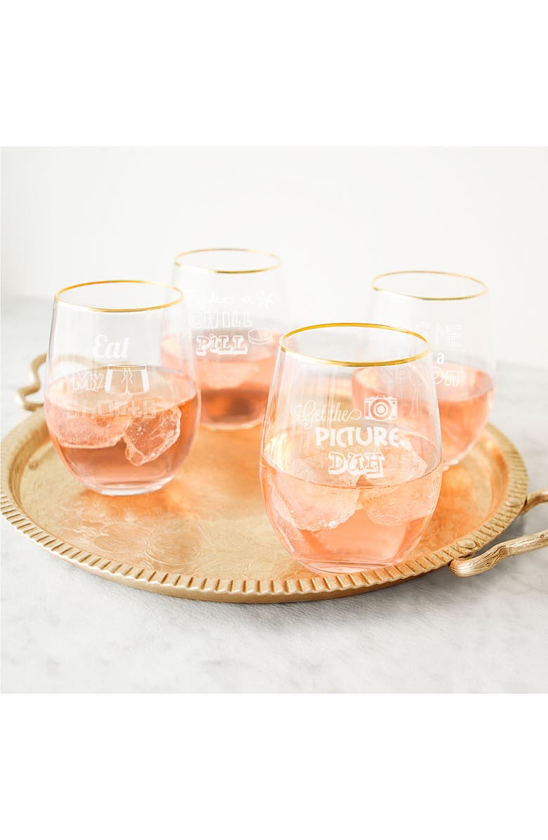 Cathy's Concepts 90's Sayings Set of 4 Etched Stemless Wine Glasses, Alternate, color, 