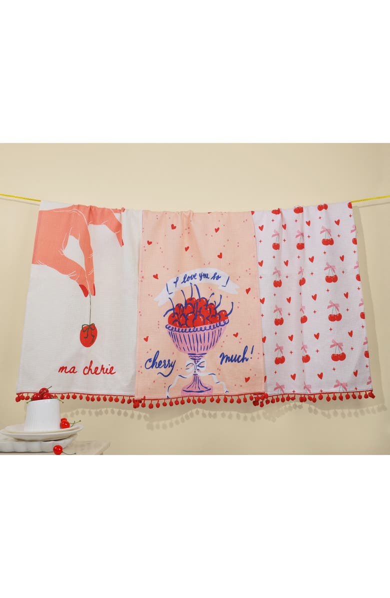 Tiramisu Set of Three Ma Cherie Kitchen Towels, Alternate, color, Peach/ Red/ White