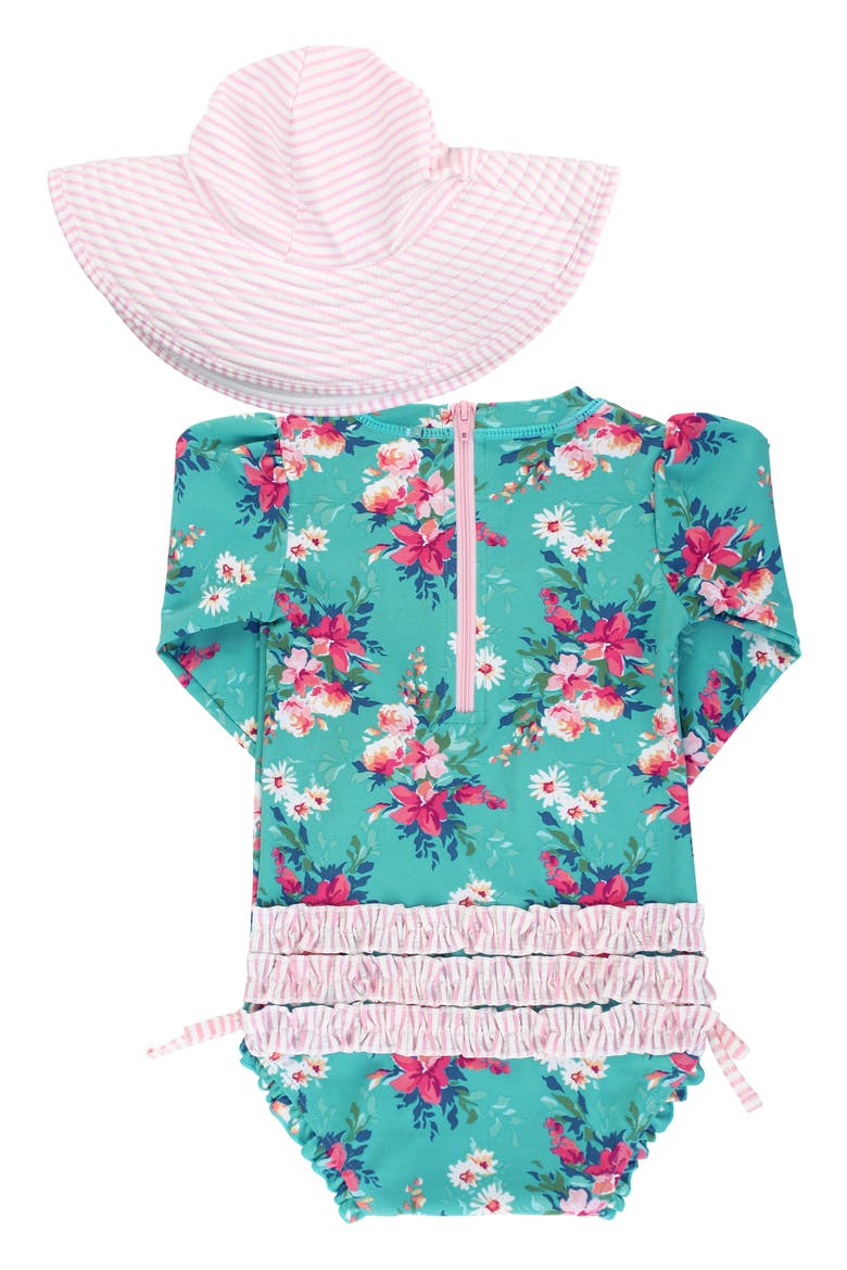 One-Piece Rashguard Swimsuit & Sun Hat Set, Alternate, color, BLUE