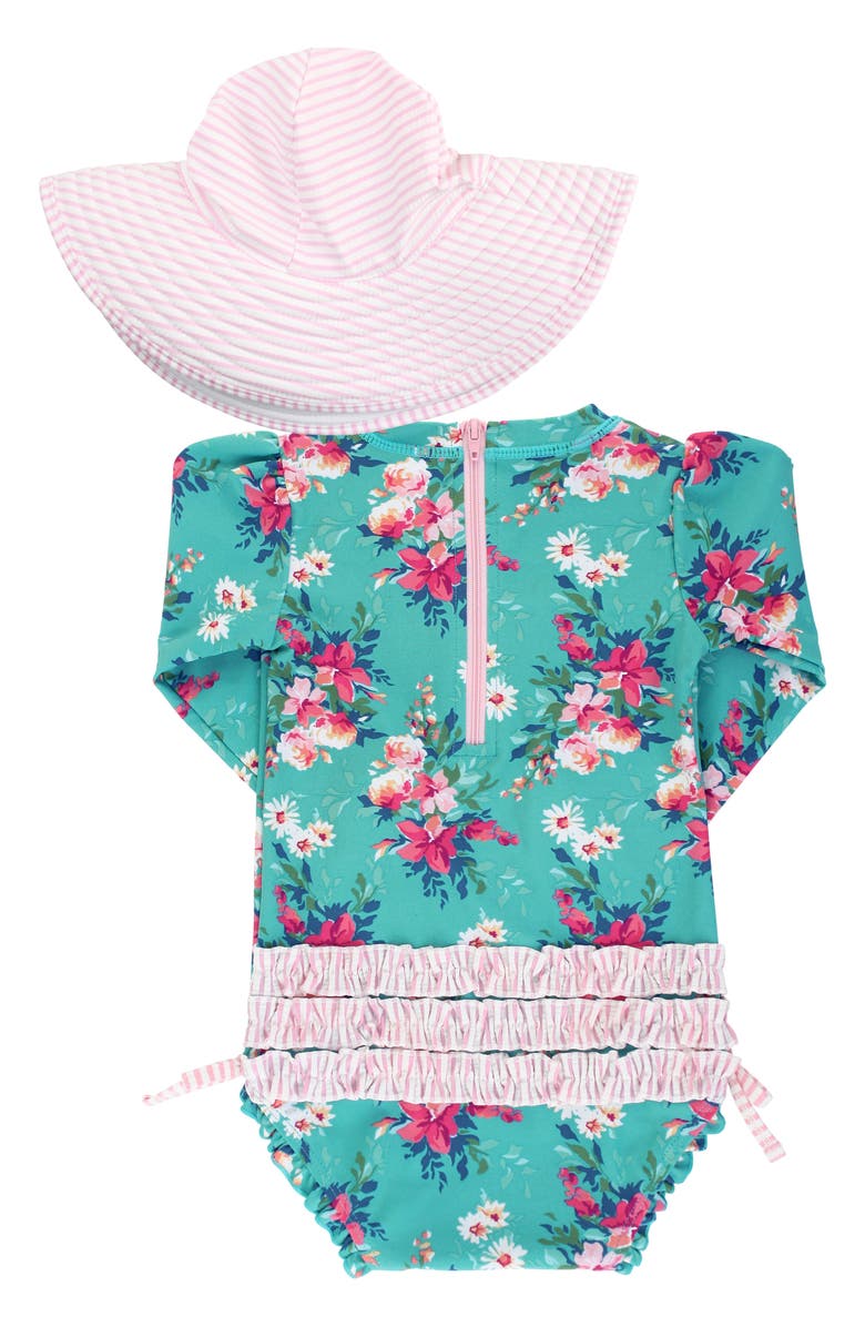 RuffleButts One-Piece Rashguard Swimsuit & Sun Hat Set, Alternate, color, 