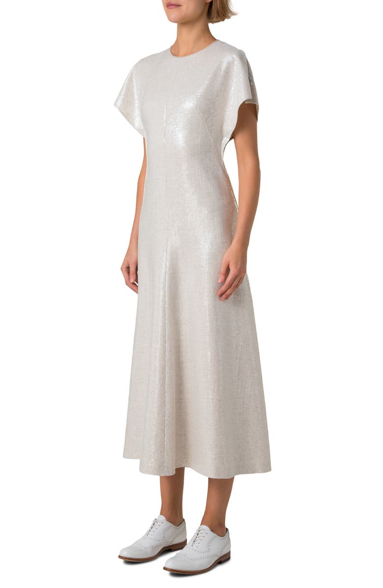 Akris Sequin Dolman Sleeve Midi Dress, Alternate, color, Greige