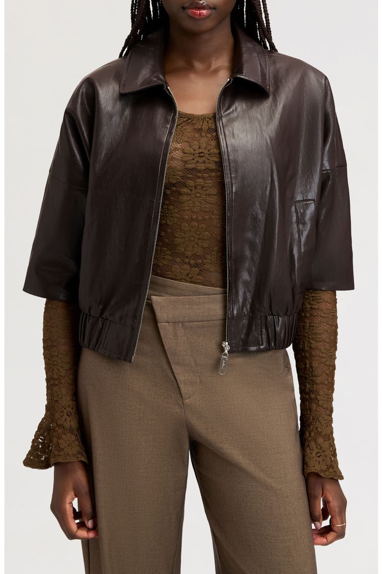 Faux Leather Bomber Jacket, Main, color, DARK BROWN