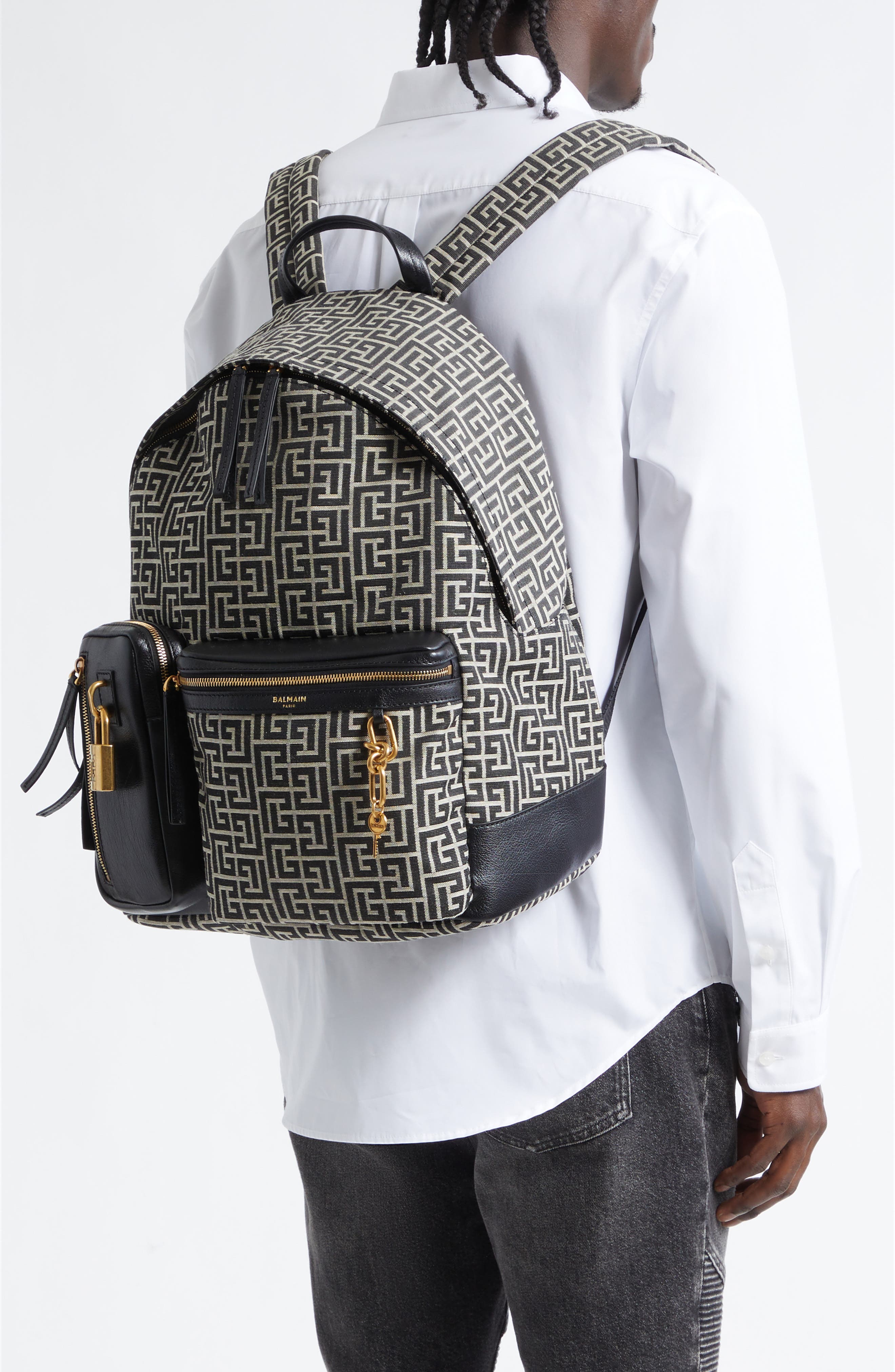 Balmain Pulse Twill Backpack, Alternate, color, Geometric Logo/Ivory/Black