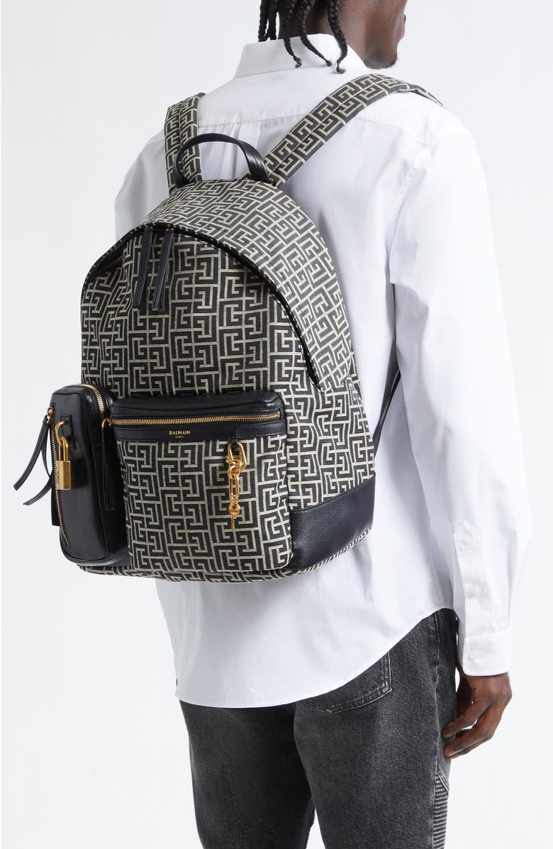 Balmain Pulse Twill Backpack, Alternate, color, Geometric Logo/Ivory/Black