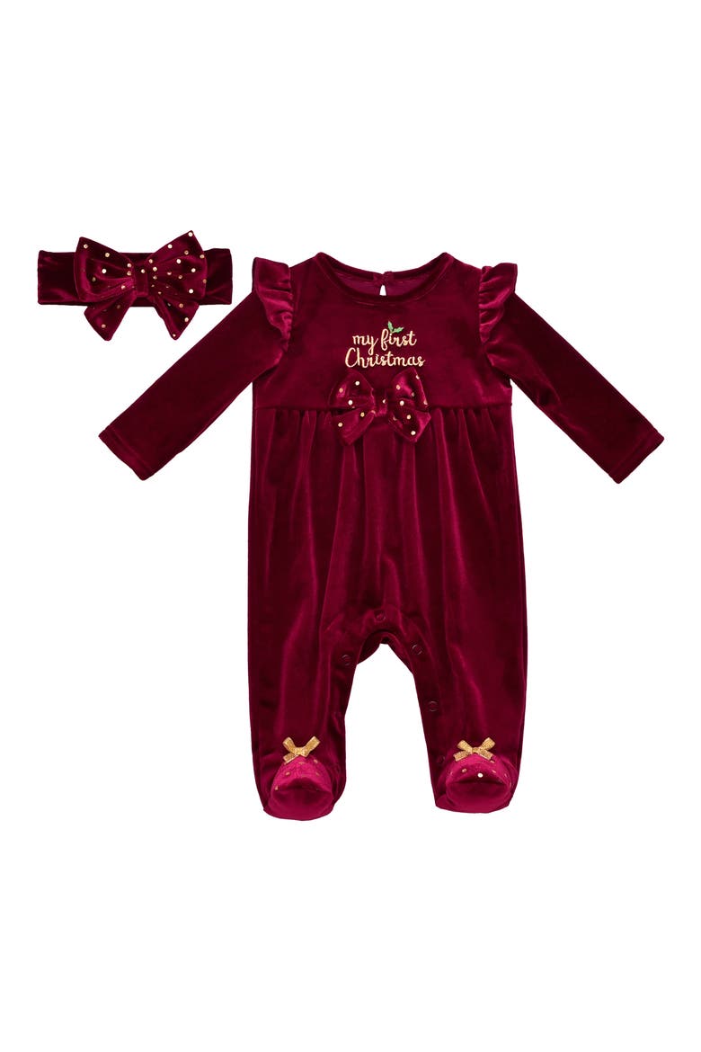 My First Christmas Velour Footie & Headband Set, Main, color, RED