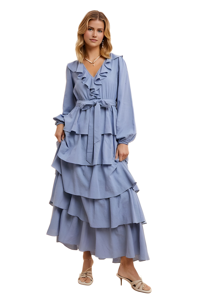 Knit and Lounge Tiered Ruffle Wrap Maxi Dress with Long Sleeves and Tie Waist, Main, color, Light Blue