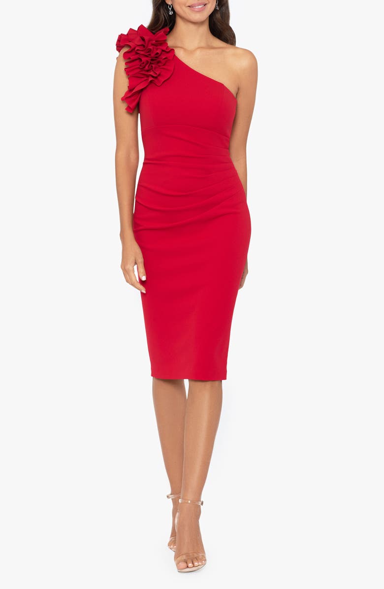 Xscape Evenings Ruffle One Shoulder Sheath Dress, Main, color, Red