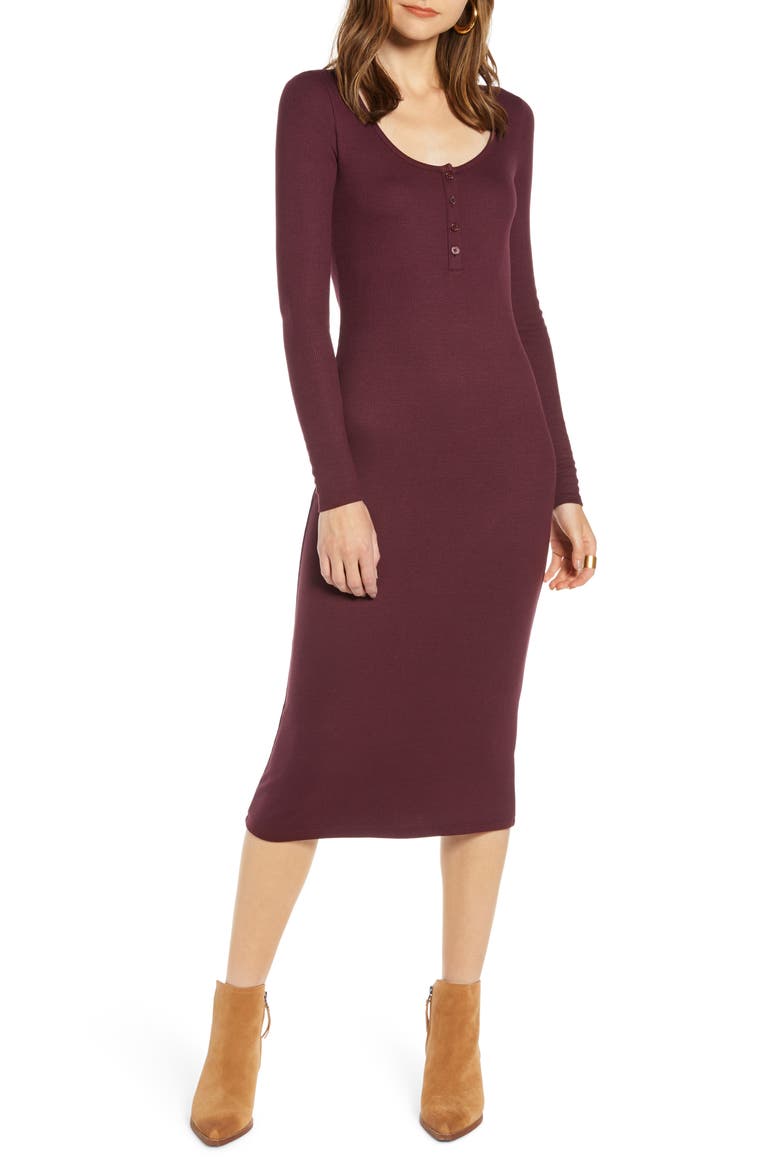 Ribbed Henley Midi Dress, Main, color, BURGUNDY STEM