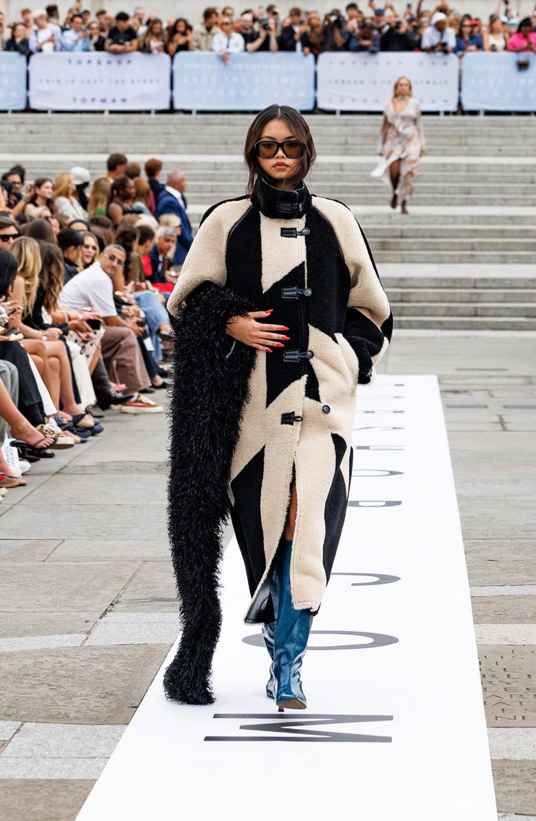 Topshop Patchwork Colorblock Faux Shearling Longline Coat, Alternate, color,