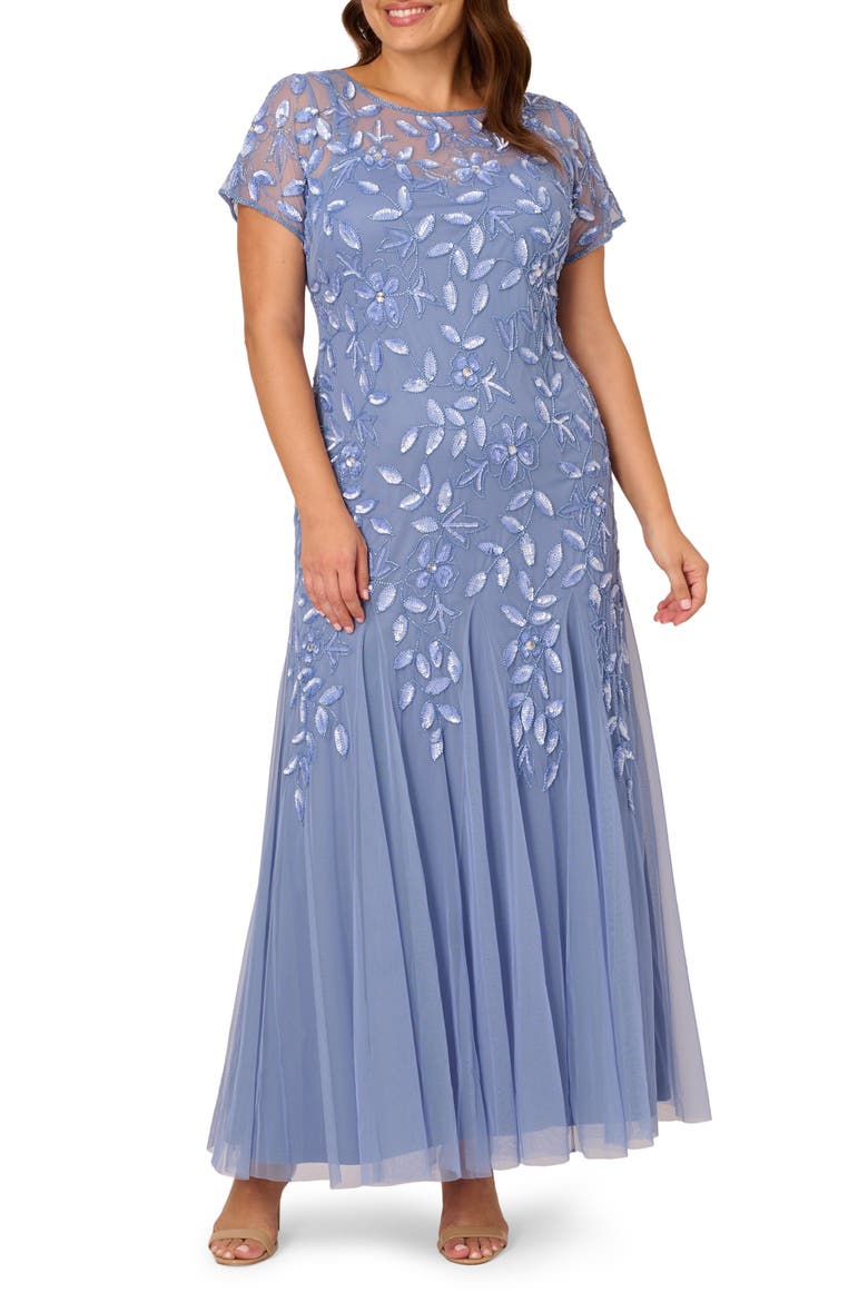 Floral Embroidered Beaded Trumpet Gown, Alternate, color, FRENCH BLUE