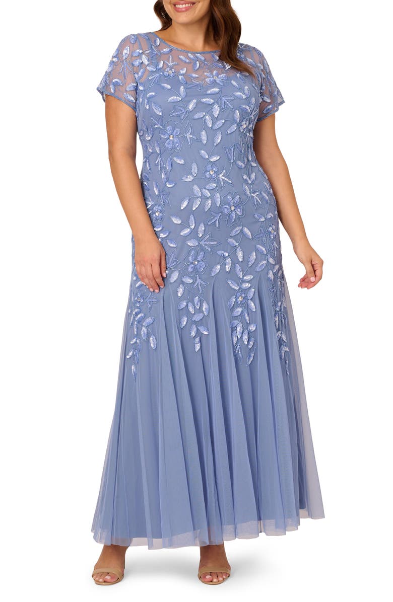 Adrianna Papell Floral Embroidered Beaded Trumpet Gown, Alternate, color, French Blue