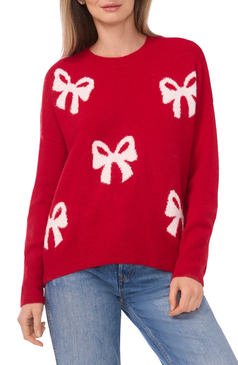 CeCe Sequin Bow Sweater, Main, color, Glamour Red/ Antique White