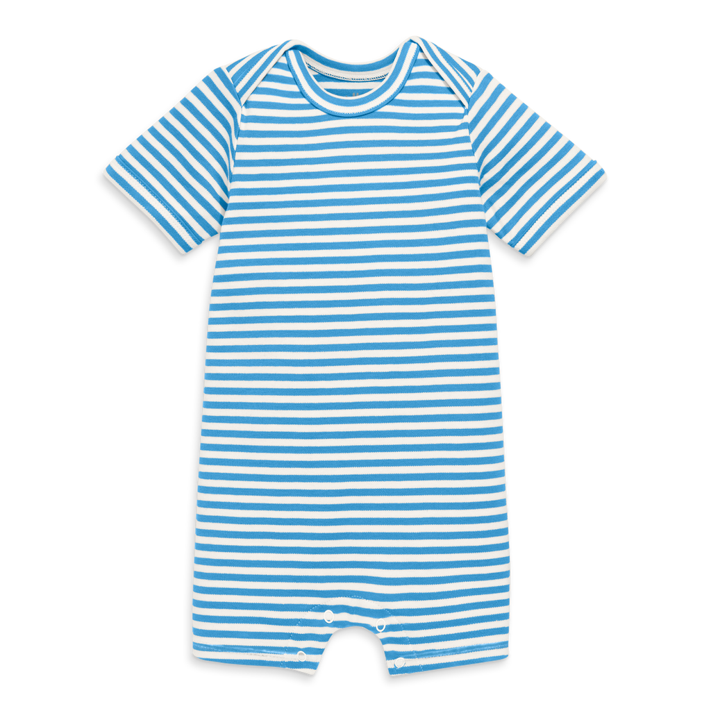 Primary Organic Babysuit Shortie In Stripe In Cornflower Ivory Mini Stripe