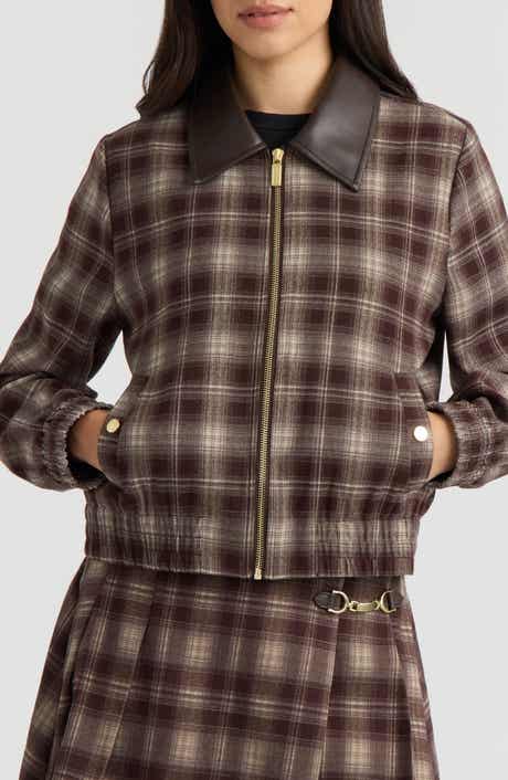 Plaid Faux Leather Collar Bomber Jacket
