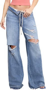 Good American Good Standard Ease Ripped Mid Rise Wide Leg Jeans