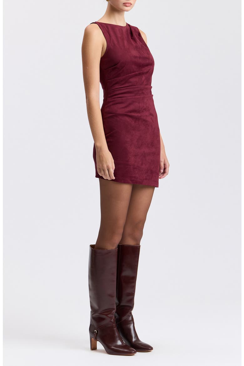 Pleated Sleeveless Faux Suede Minidress, Alternate, color, BURGUNDY