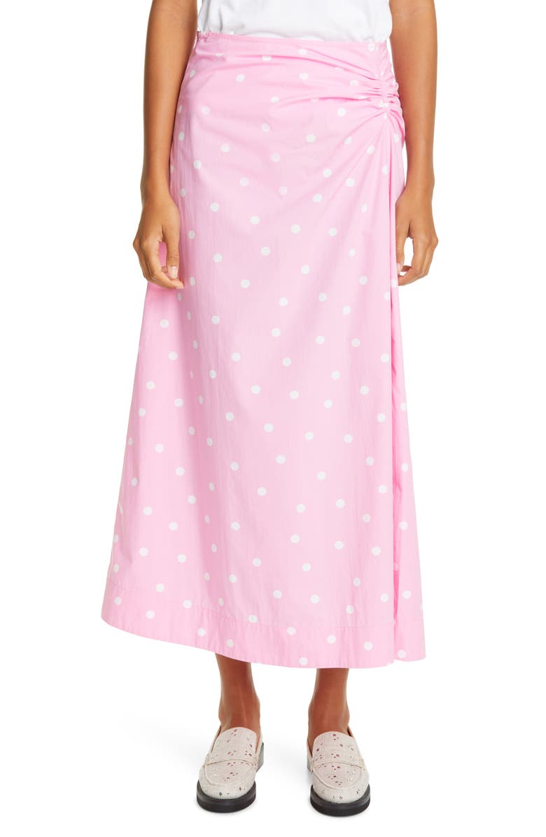 Ganni Polka Dot Print Organic Cotton Midi Skirt, Main, color,