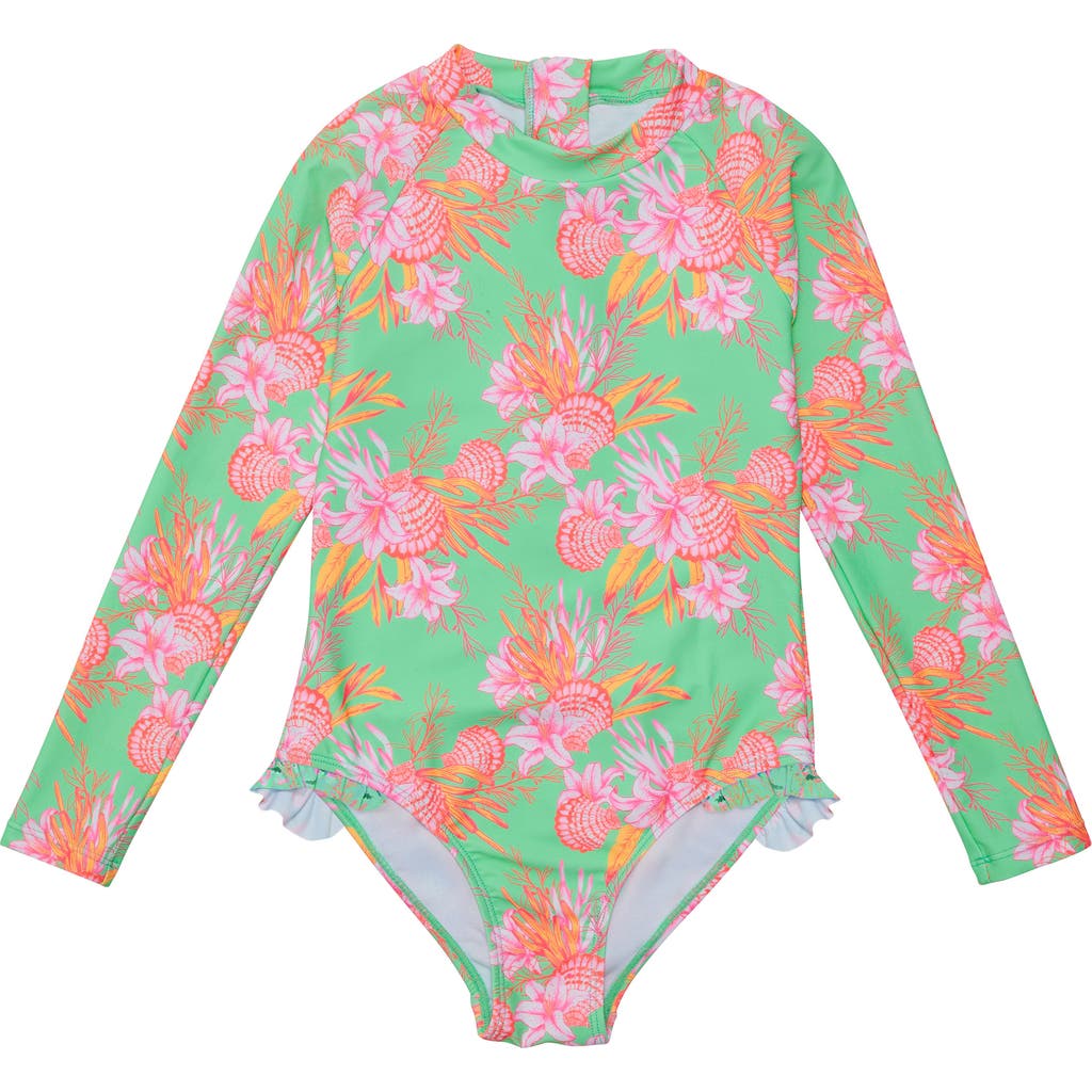 Snapper Rock Kids' Coastal Shells Long Sleeve One-Piece Rashguard Swimsuit in Mint