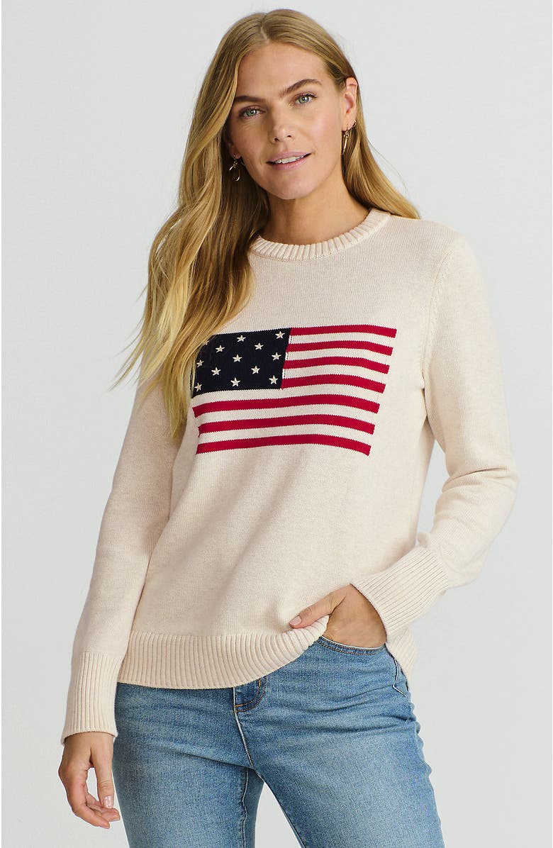 Lands' End Cotton Drifter Crew Neck Sweater - Embroidered, Main, color, Oatmeal Heather Flag