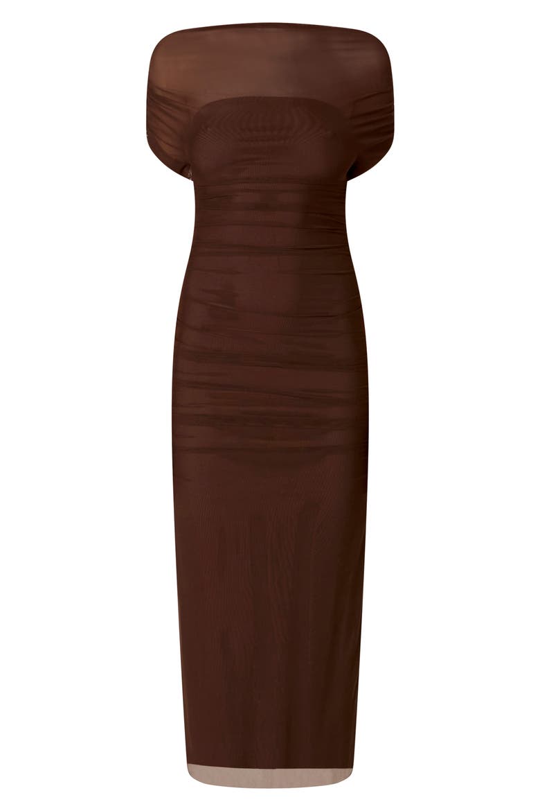 Aria Ruched Off the Shoulder Mesh Midi Dress, Alternate, color, CHOCOLATE