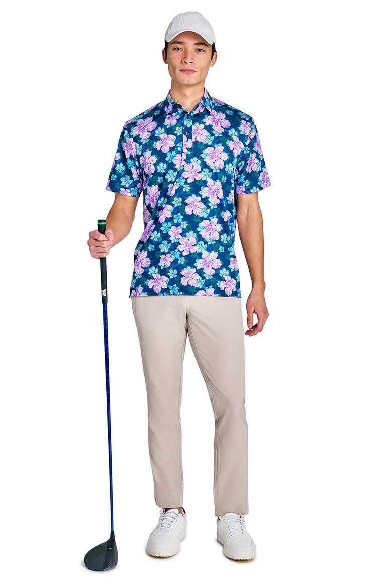 Regular Fit Layered Hibiscus Recycled Performance Golf Polo, Alternate, color, NAVY/PURPLE