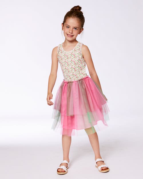DEUX PAR DEUX DEUX PAR DEUX LITTLE GIRL'S BI-MATERIAL COTTON AND MESH DRESS SMALL FLOWERS AND MULTICOLORED GRADIEN 