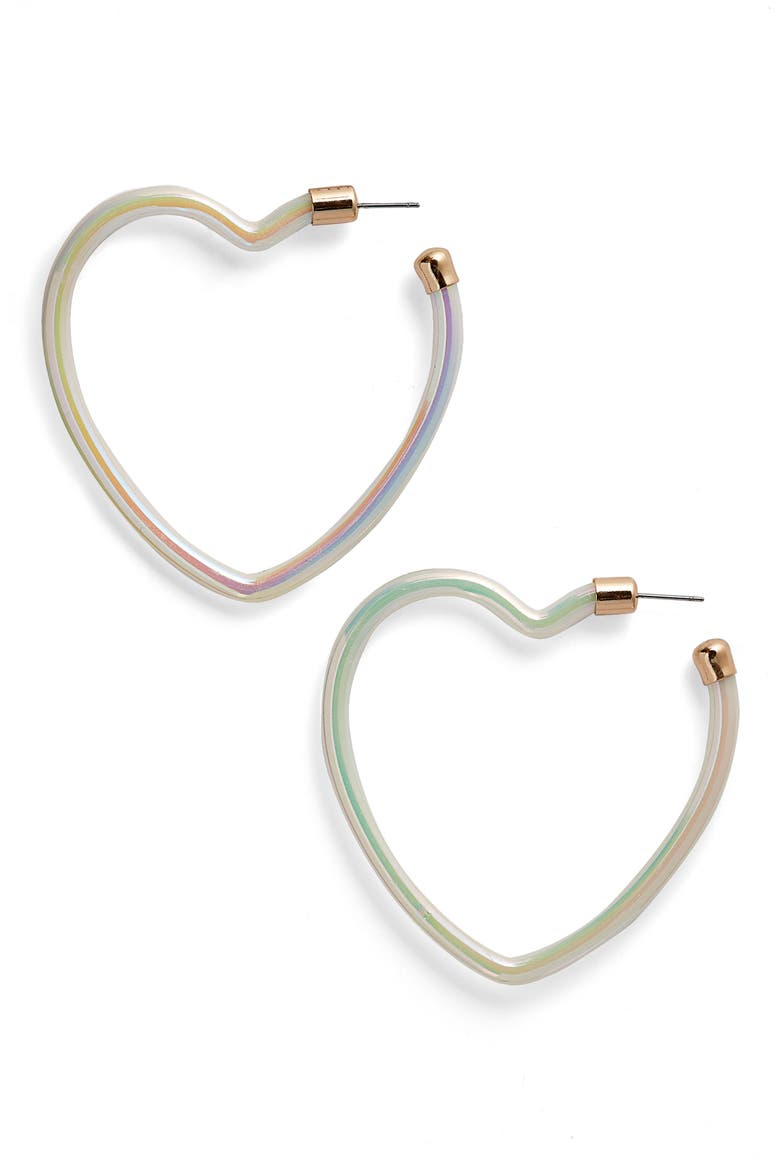 Iridescent Heart Hoop Earrings, Main, color, WHITE