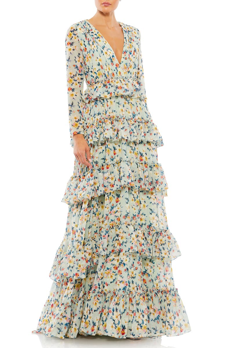 Mac Duggal Floral Printed Tiered Ruffle Long Sleeve Gown, Main, color, Multi