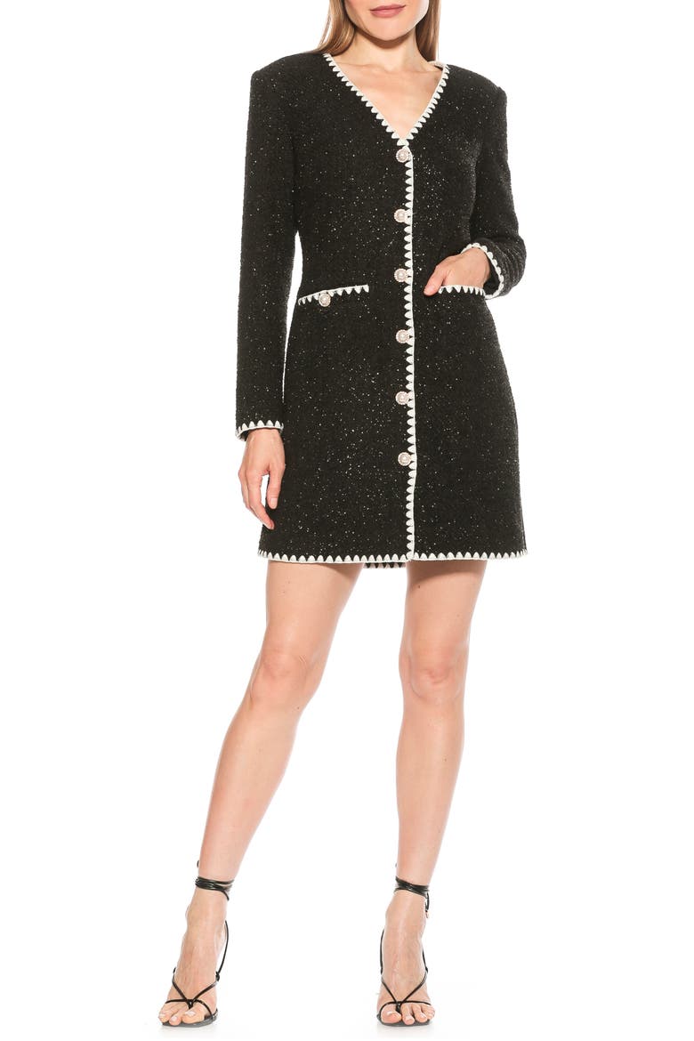 Zayla Long Sleeve Button Front Tweed Dress, Main, color, BLACK/ WHITE