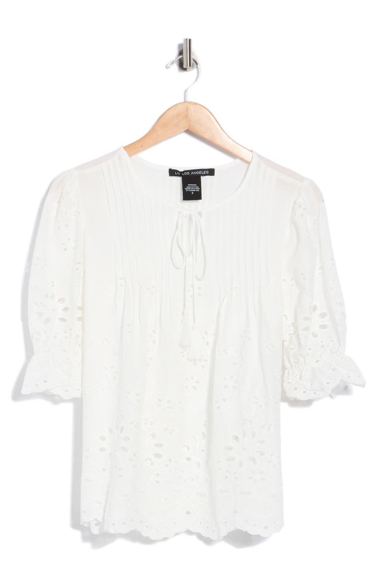 Eyelet Pleated Peasant Top, Alternate, color, WHITE