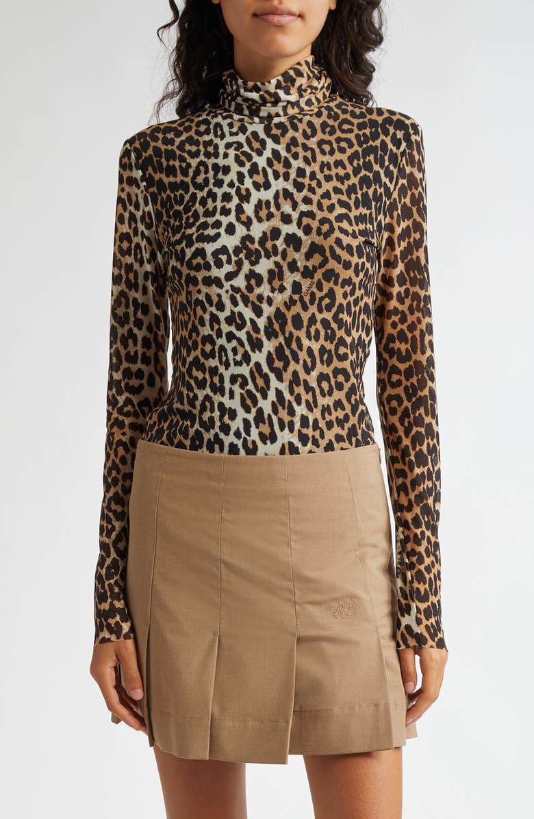 Ganni Animal Print Turtleneck Top, Main, color, Leopard