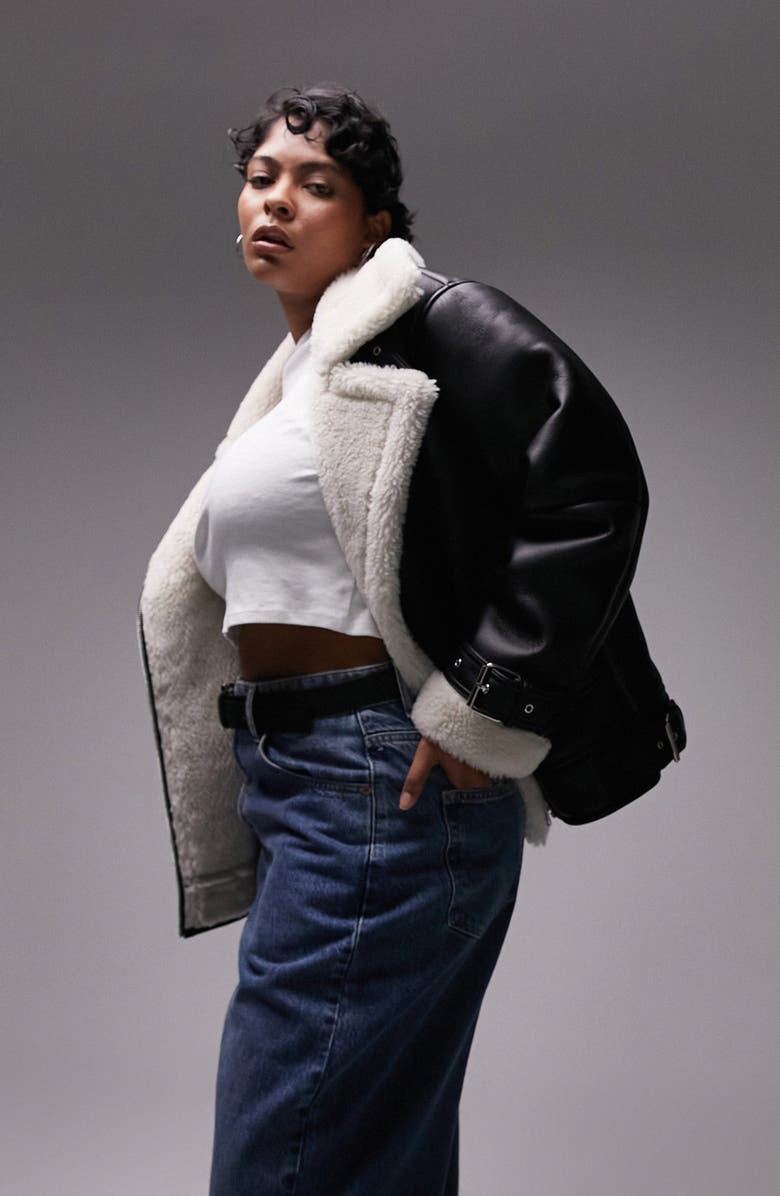Topshop Curve Faux Leather Aviator Jacket with Faux Shearling Trim, Alternate, color, 